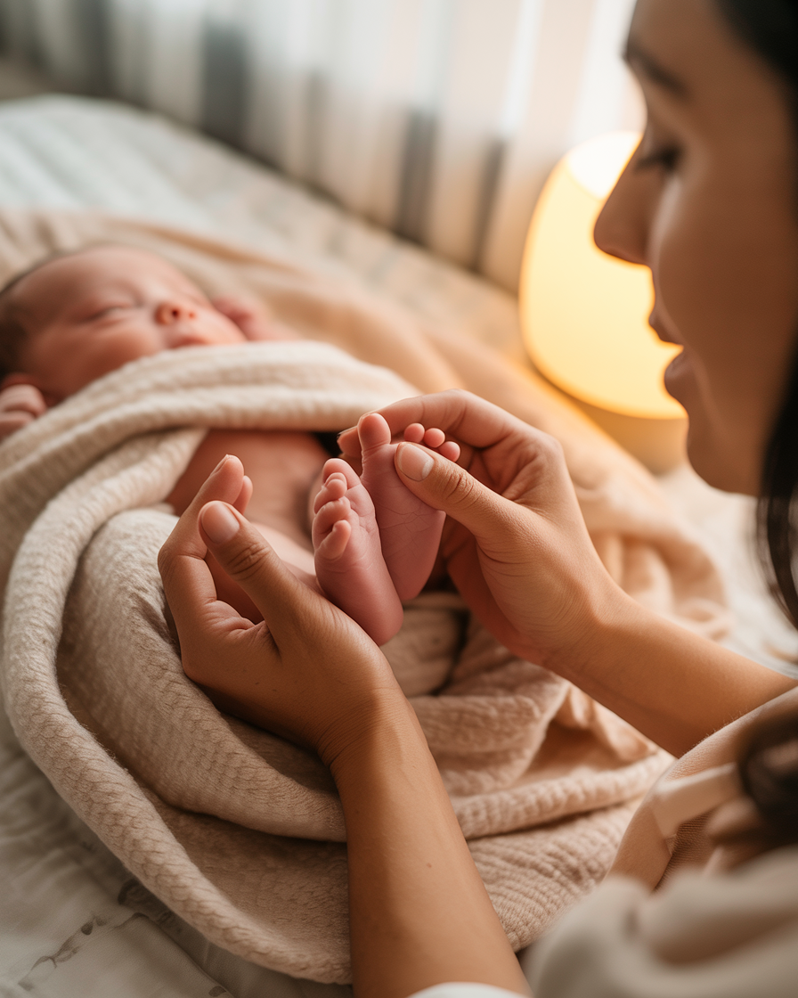 Caring hands gently holding tiny newborn baby feet wrapped in soft cream blanket