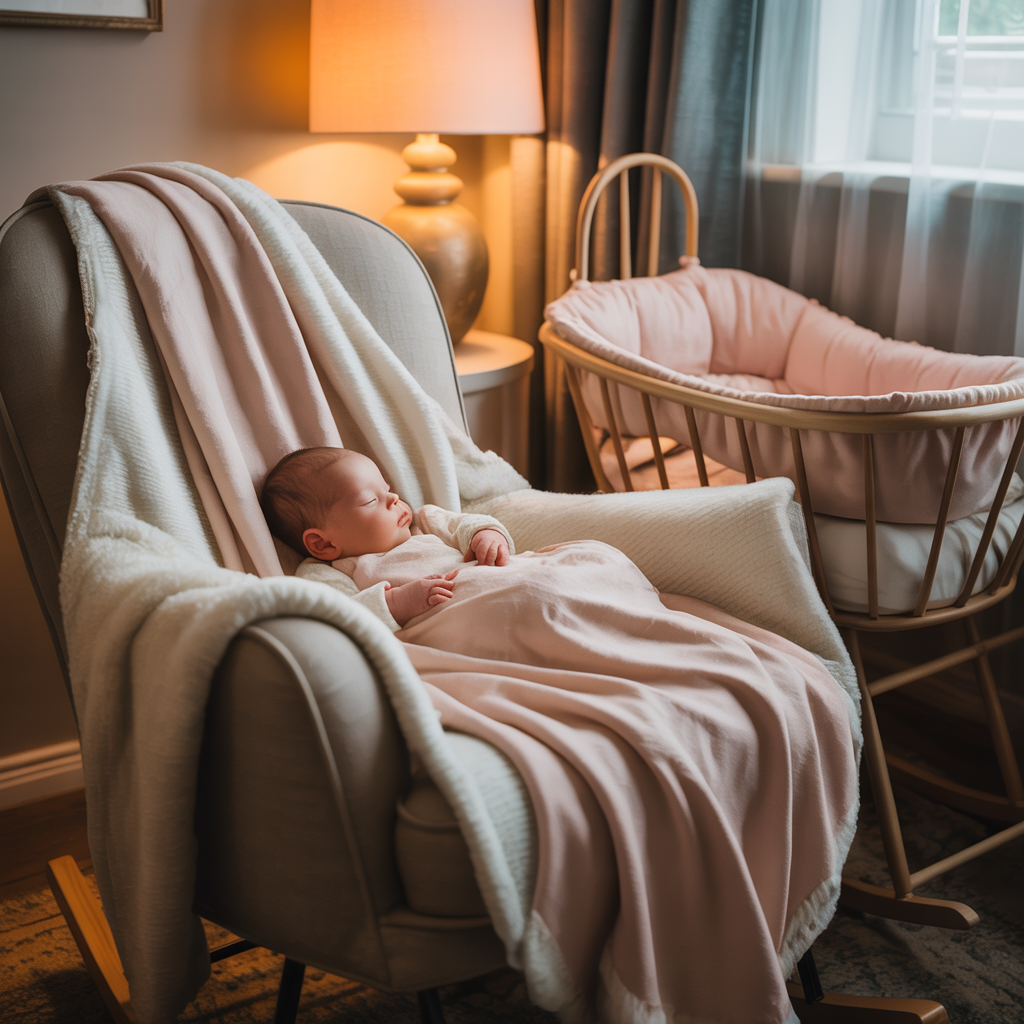 Peaceful nighttime nursery with warm lamplight and sleeping baby in bassinet